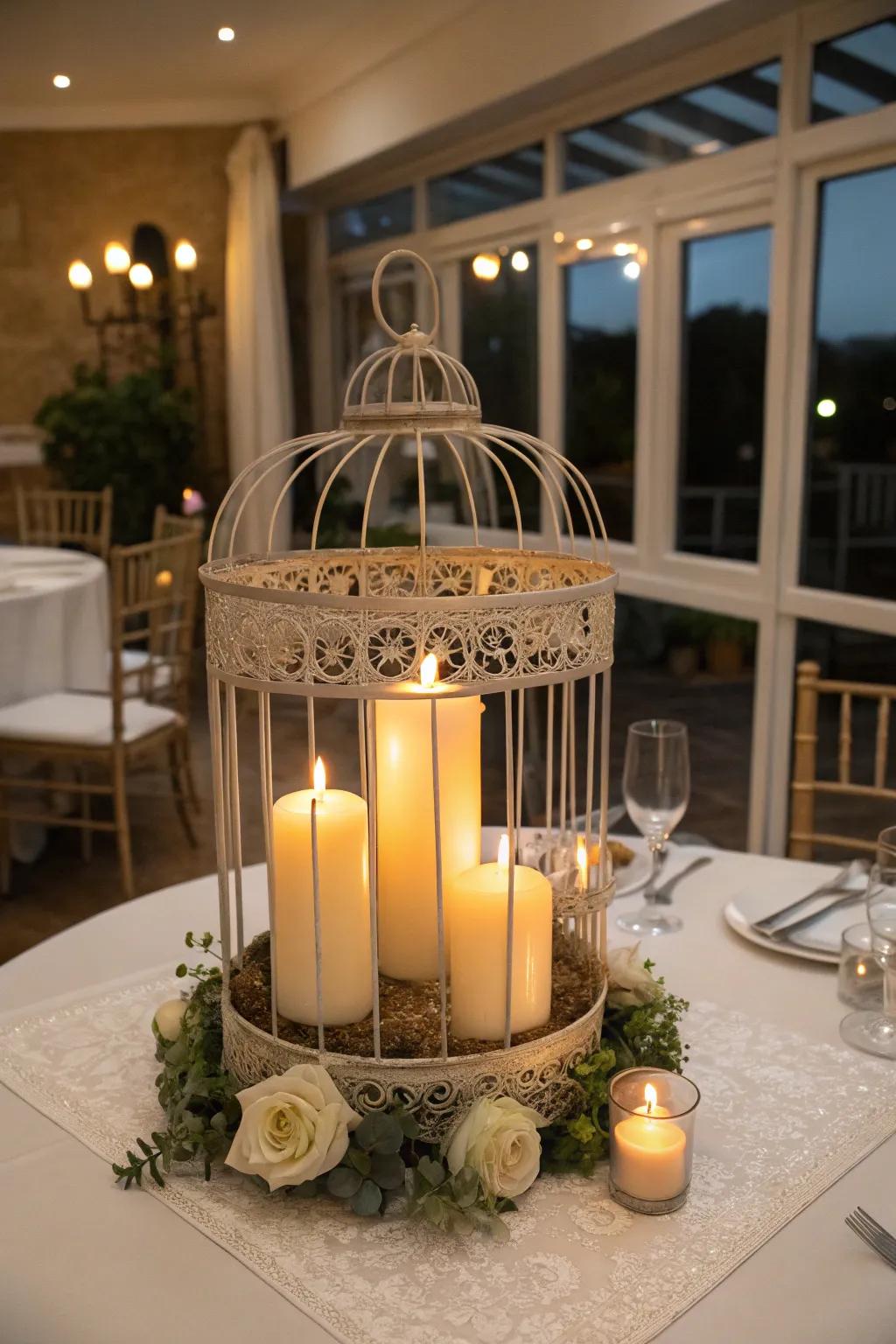 Bird cage centerpiece glowing with pillar candles for warmth.