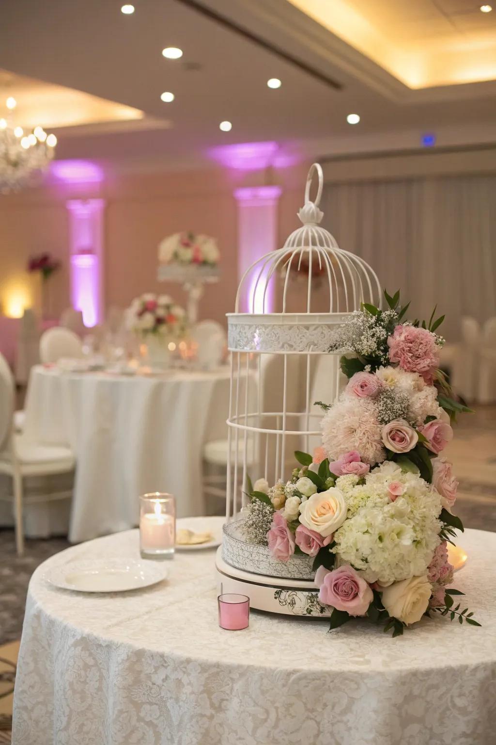 Romantic wedding table adorned with a bird cage centerpiece.