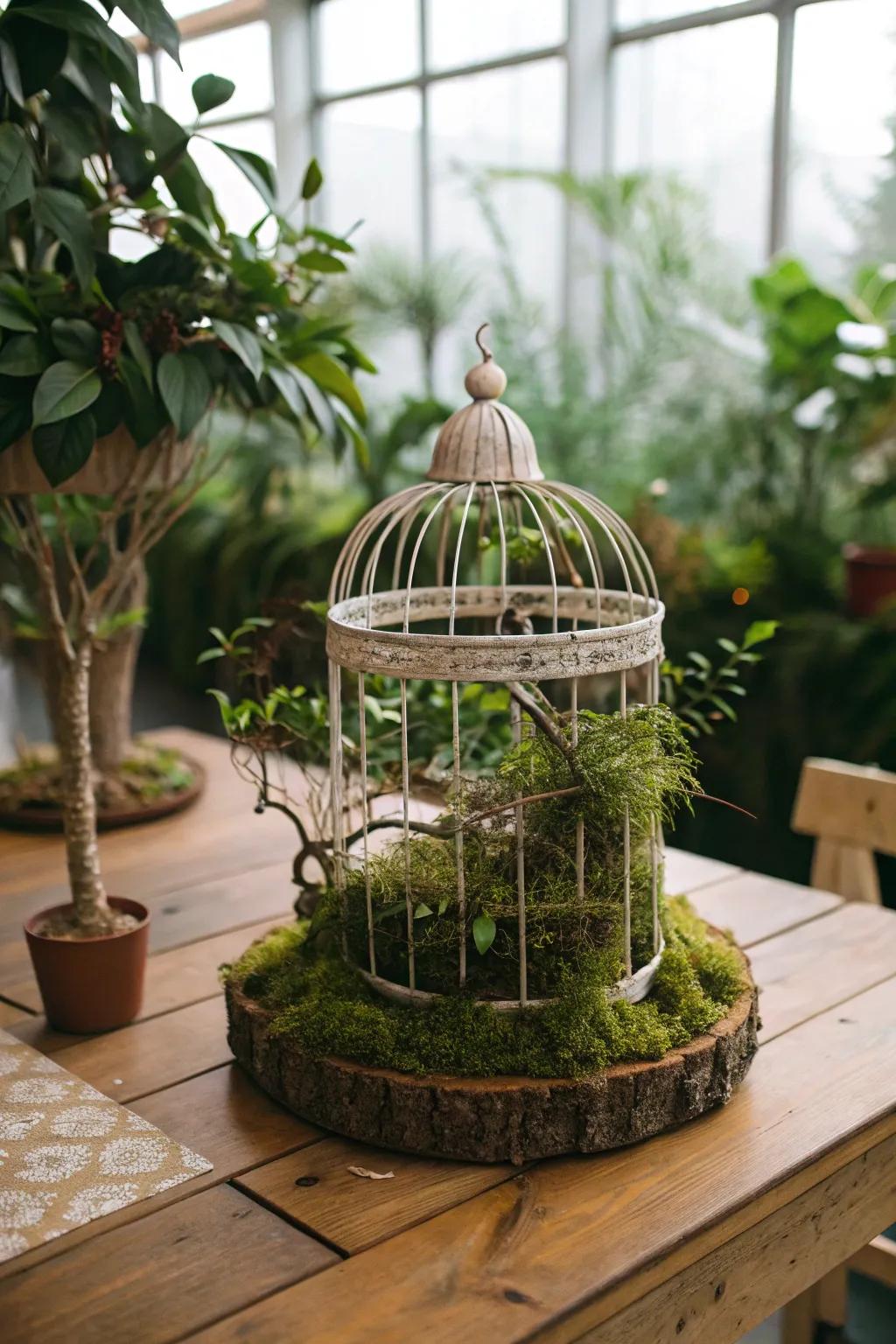 Bird cage centerpiece featuring natural moss and branches for an earthy feel.