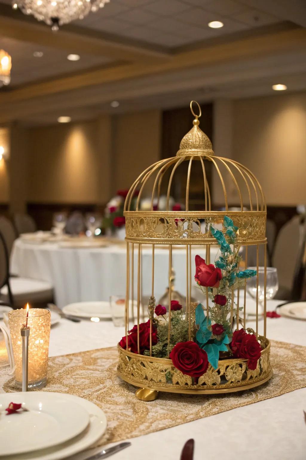 Glamorous gold bird cage centerpiece with rich jewel-toned details.