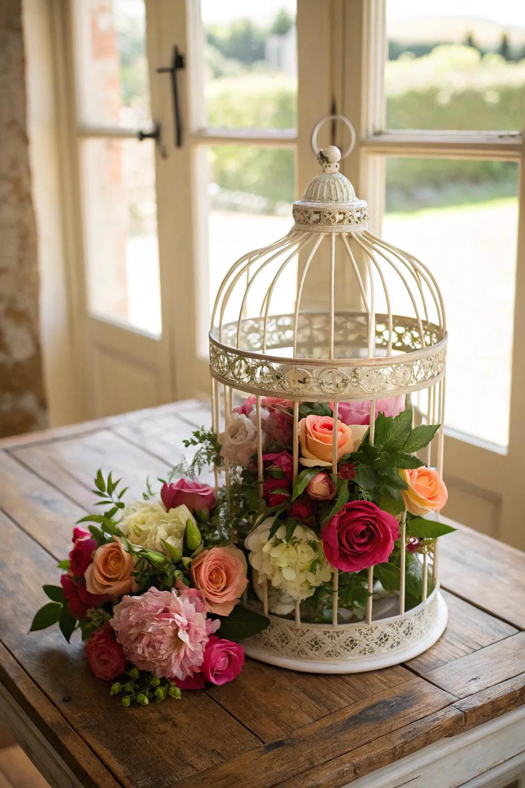 Bird cage filled with lush floral arrangements for a romantic centerpiece.