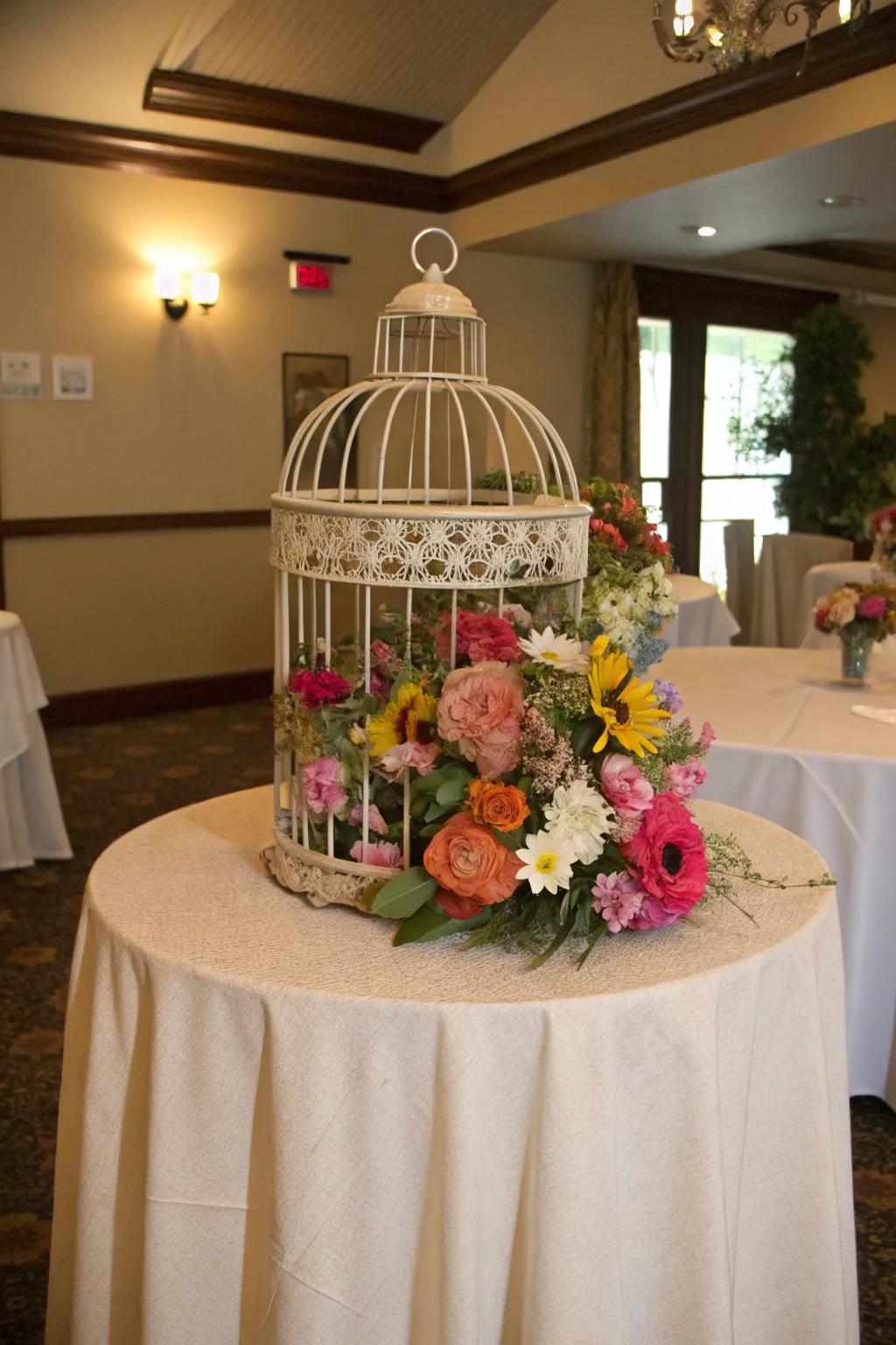 Bird cage centerpiece bursting with colorful flowers for a lively touch.