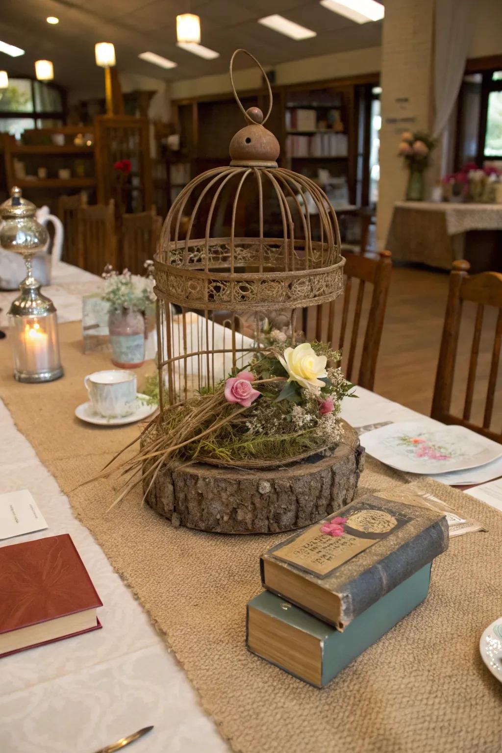 Rustic bird cage centerpiece complementing a shabby chic table setting.