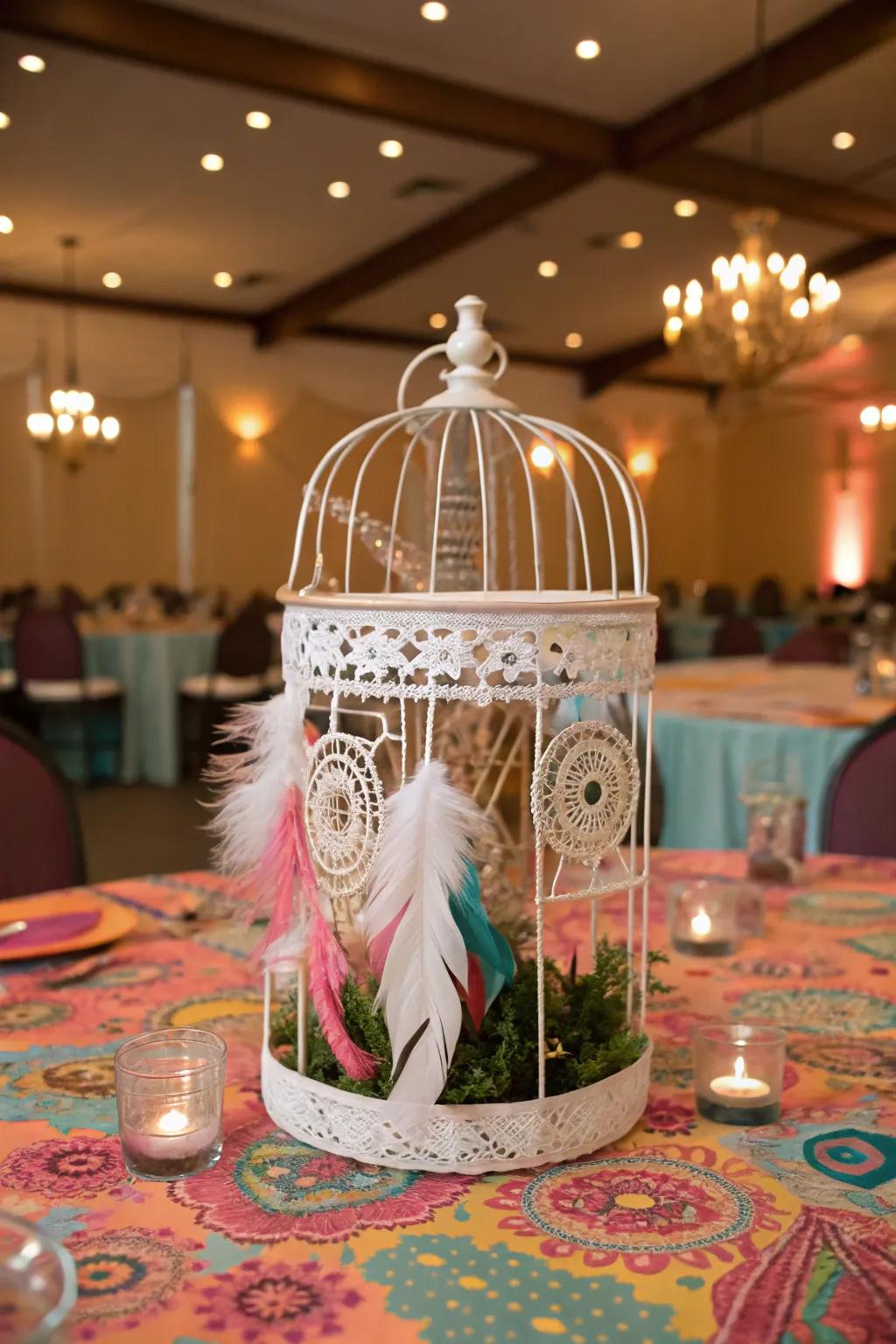 Bohemian-style bird cage centerpiece with feathers and dreamcatchers.