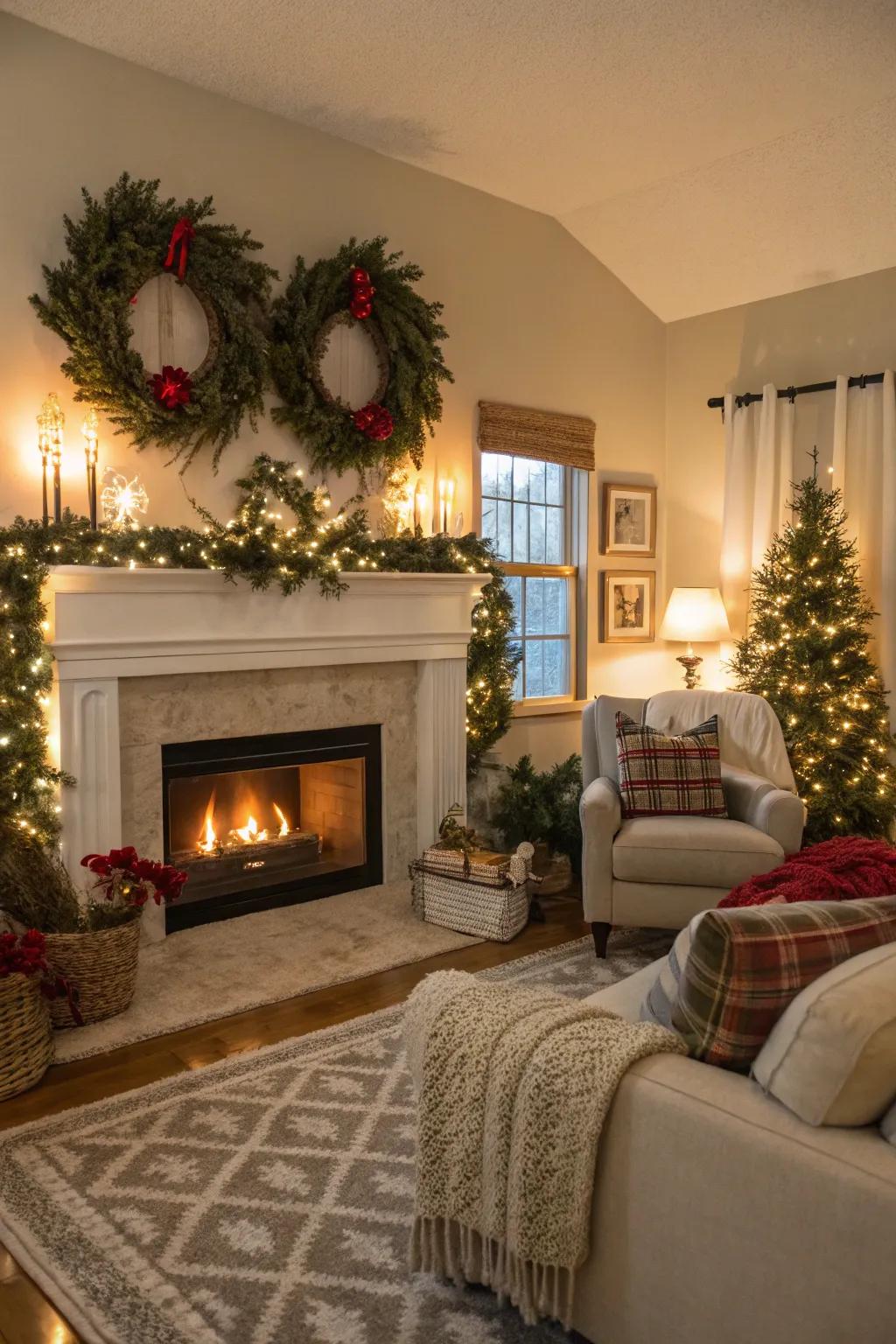 Seasonal decorations bring warmth and festivity to the fireplace area.