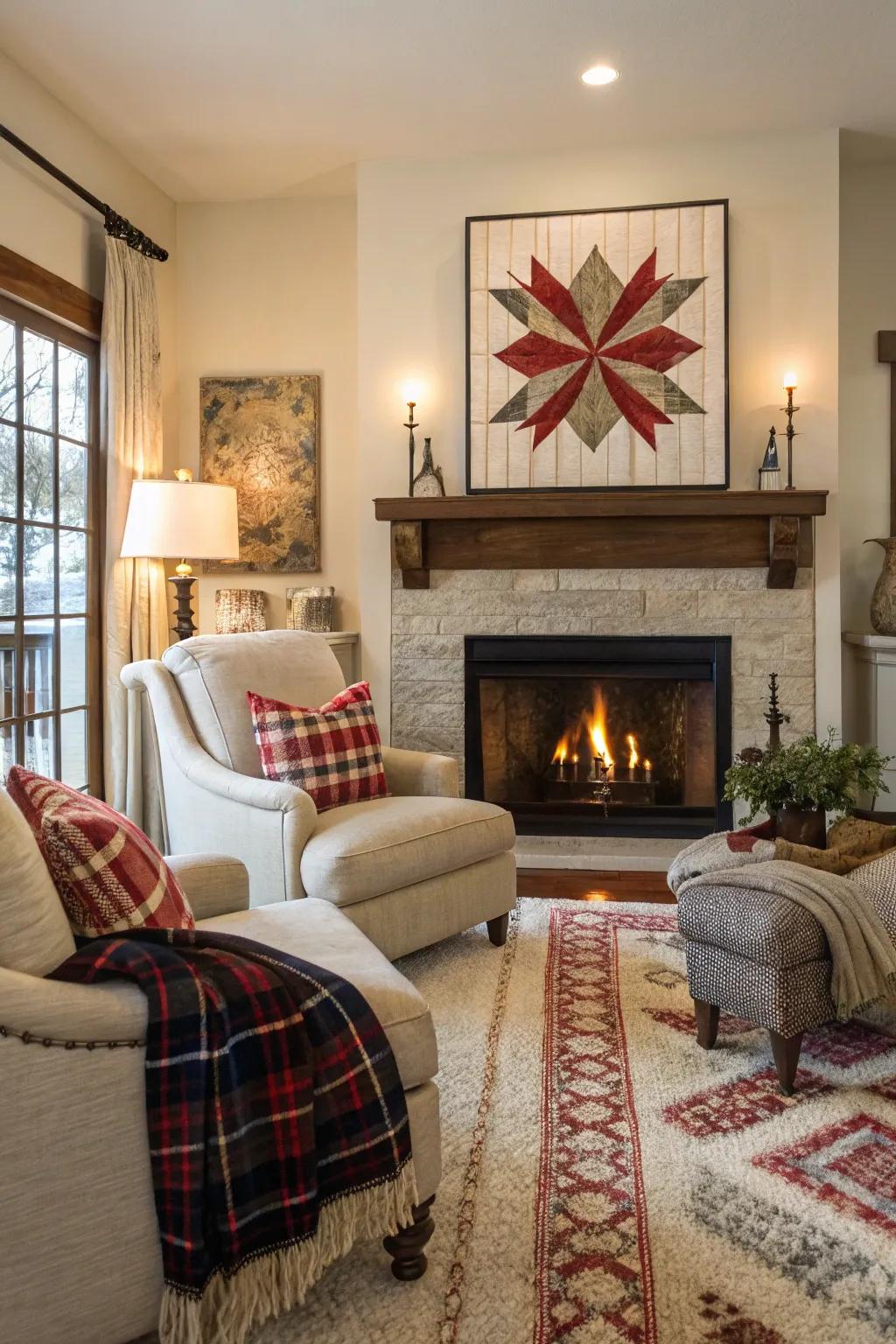 A bold art piece can become the centerpiece above the fireplace.