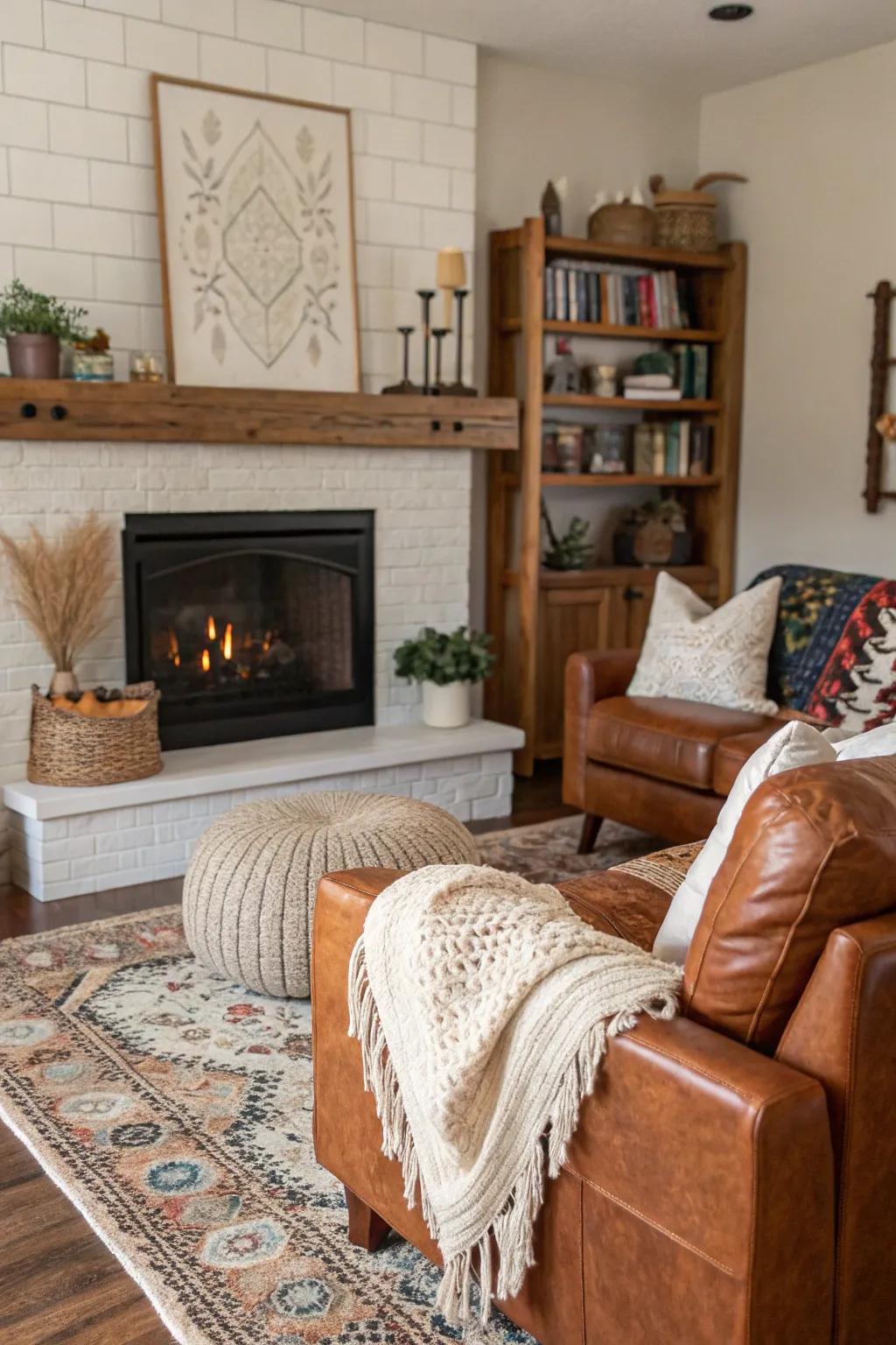 Combining different textures adds dimension above the fireplace.