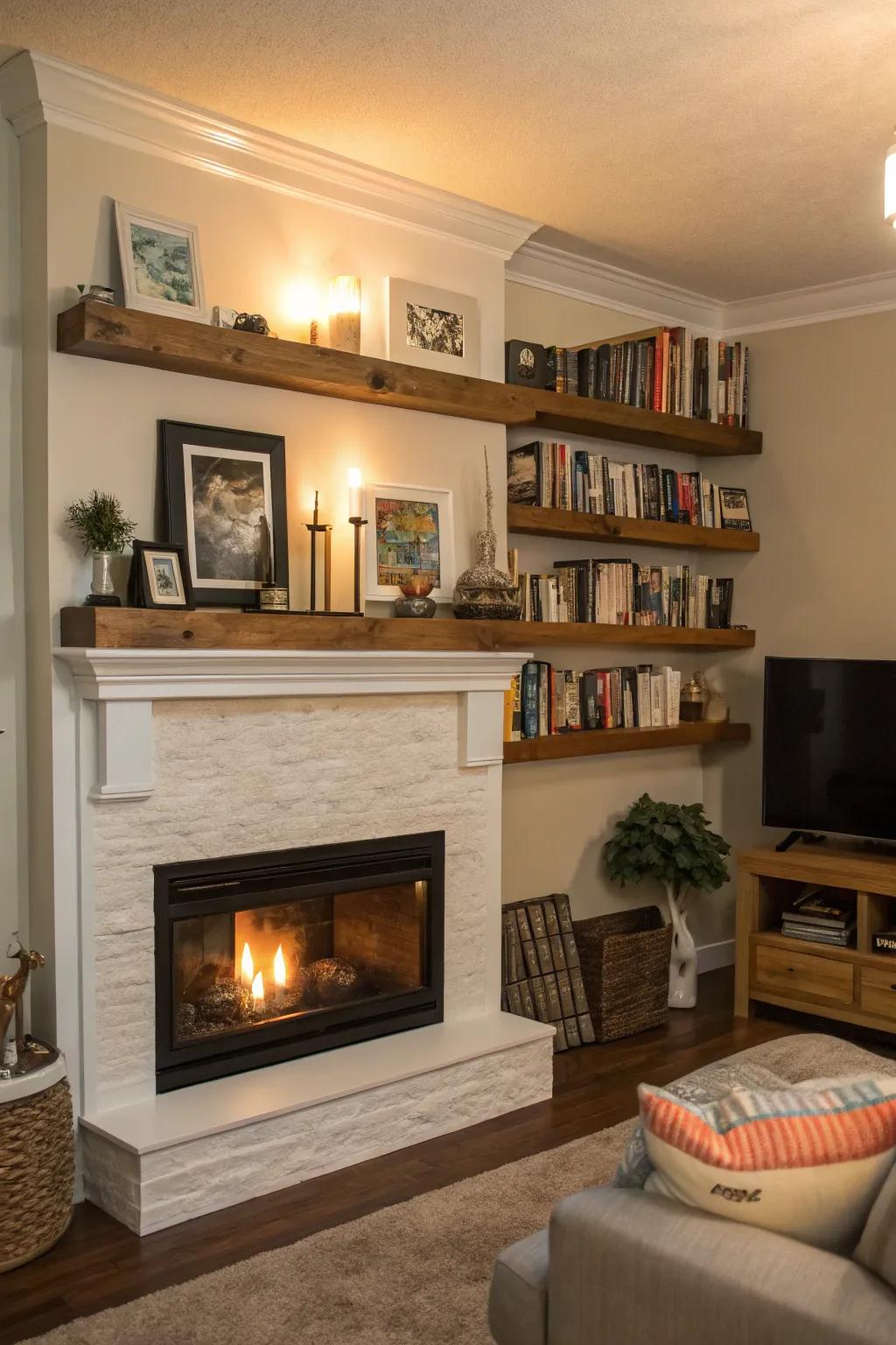 Floating shelves offer flexible display options above the fireplace.