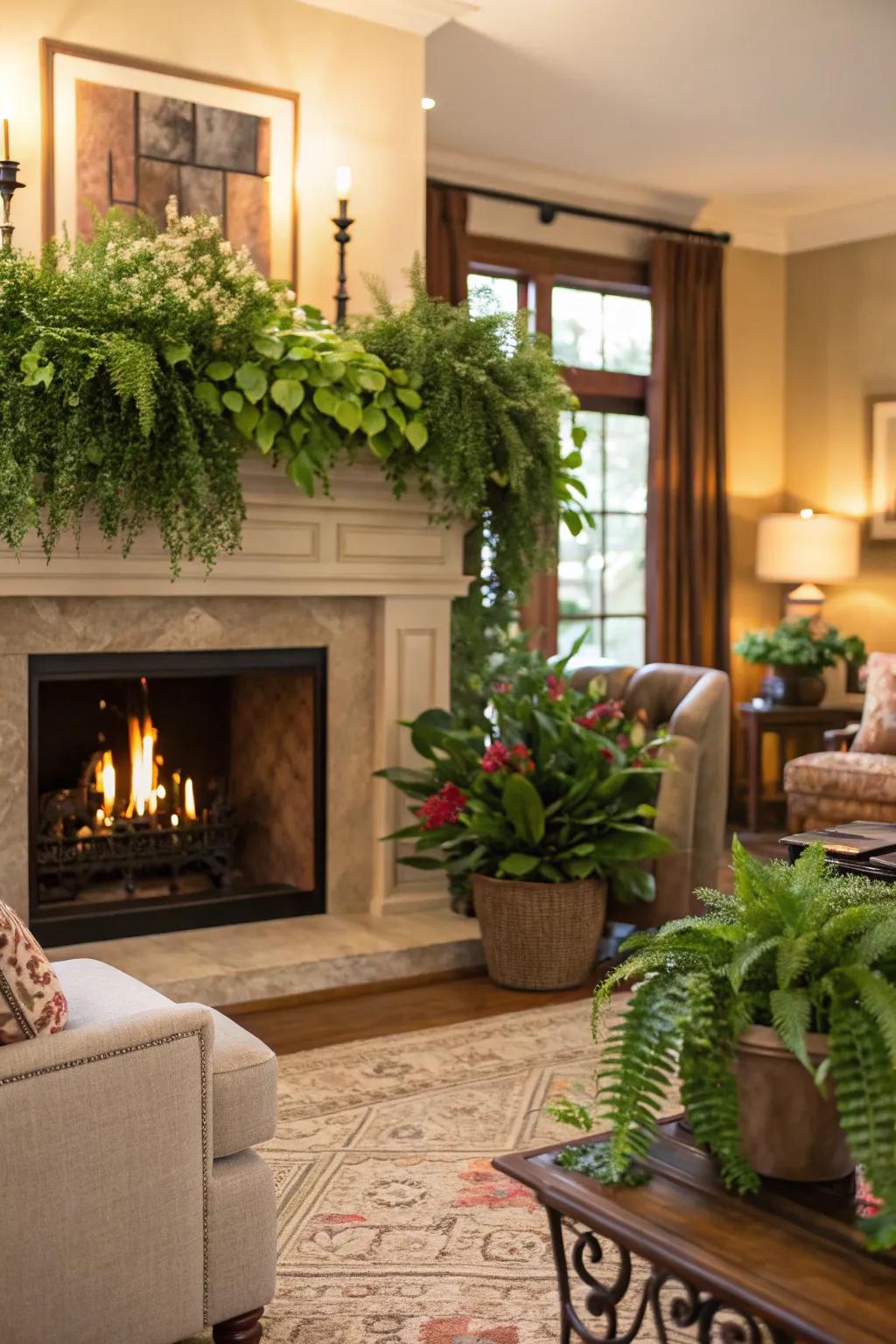 Green plants add freshness and vitality above the fireplace.