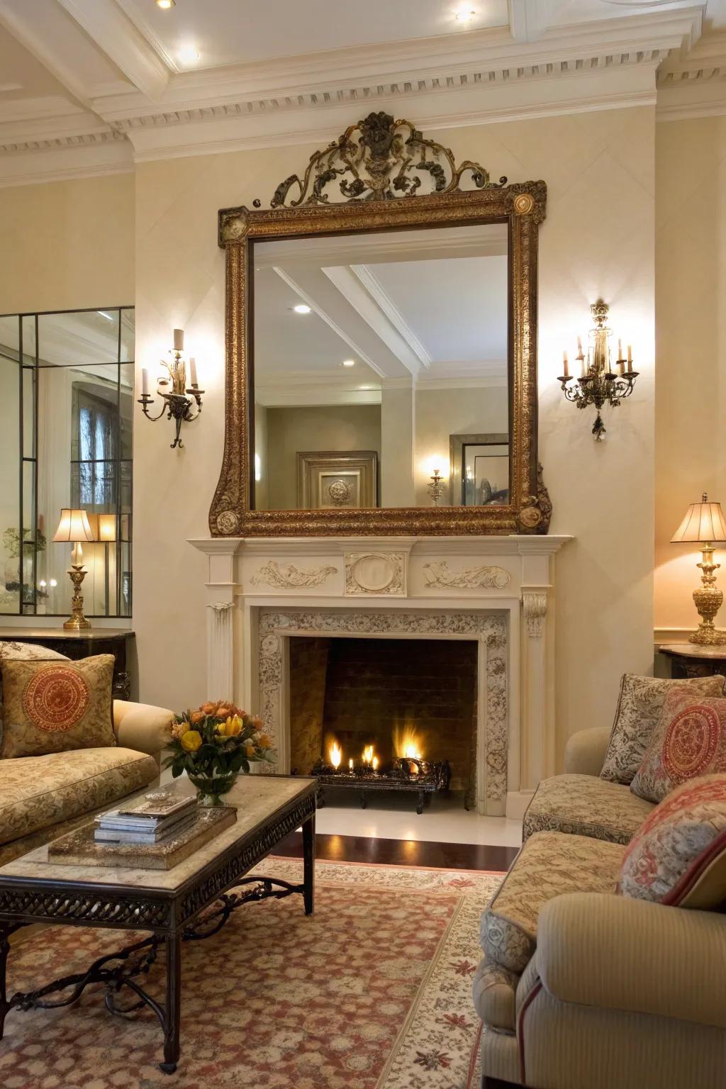 A large mirror above the fireplace enhances light and space.