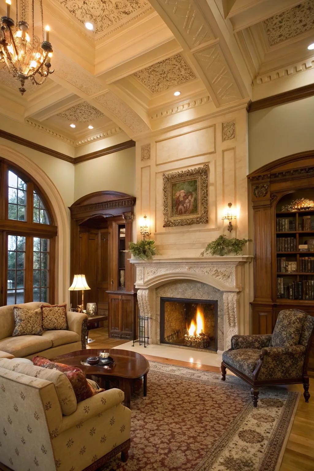 Architectural details add sophistication above the fireplace.