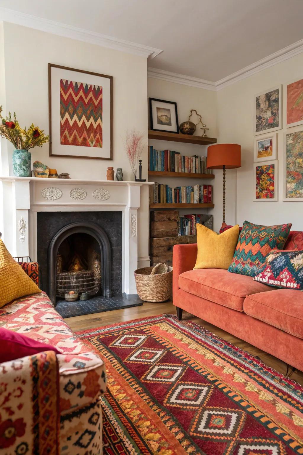Bright colors energize the space above the fireplace.
