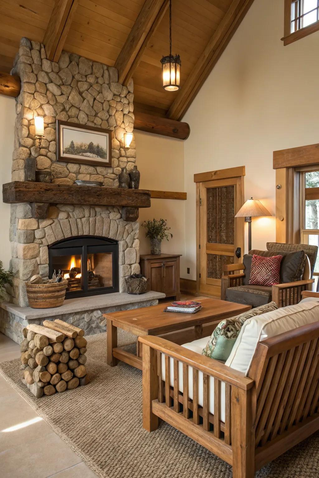 Wood elements add warmth and rustic charm above the fireplace.