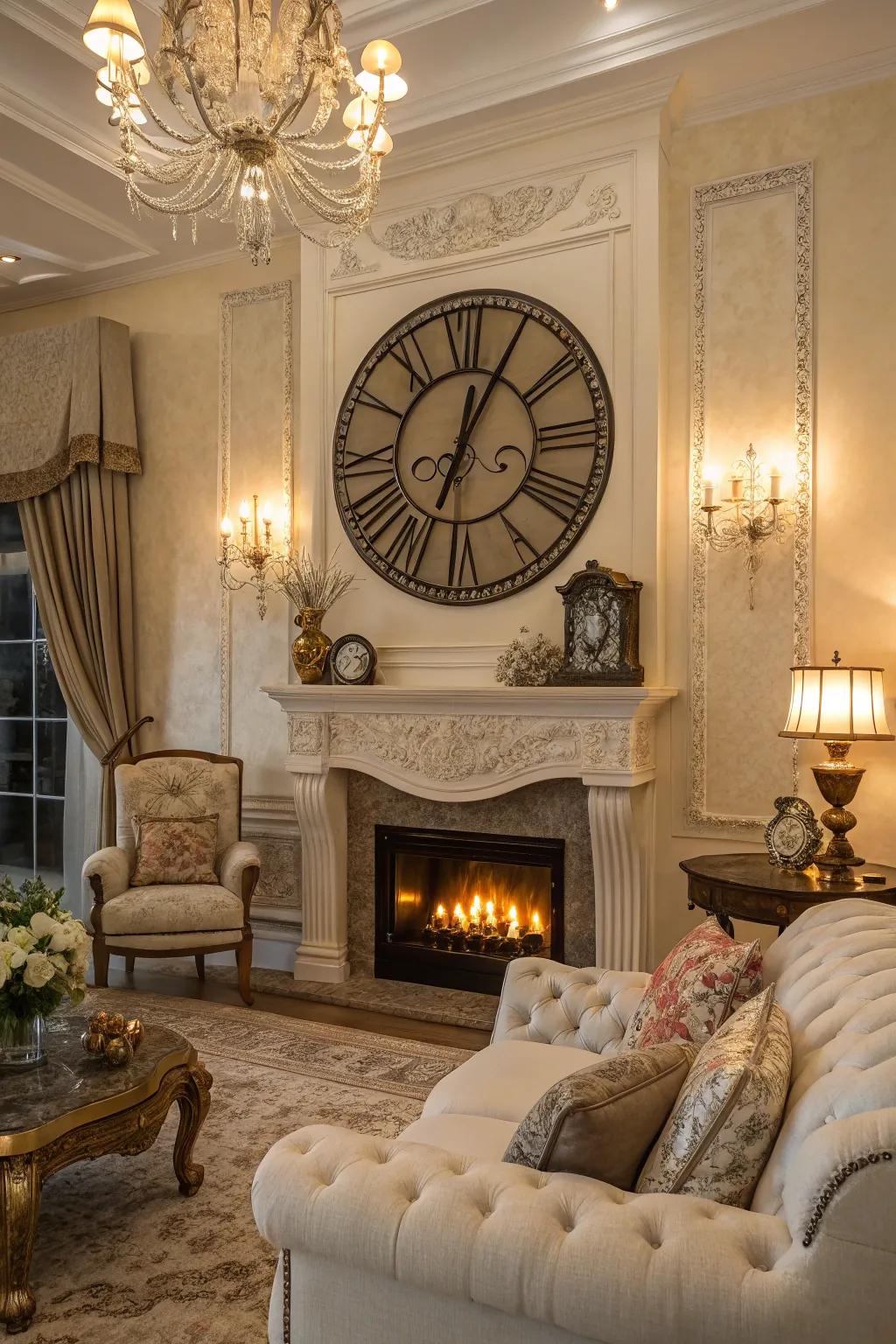 A large clock combines function and style above the fireplace.