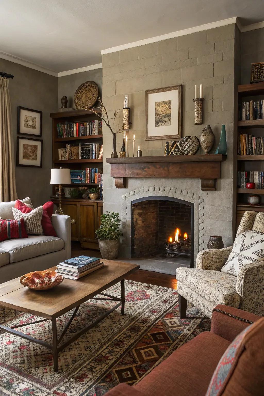 An eclectic mix of decor adds personality above the fireplace.