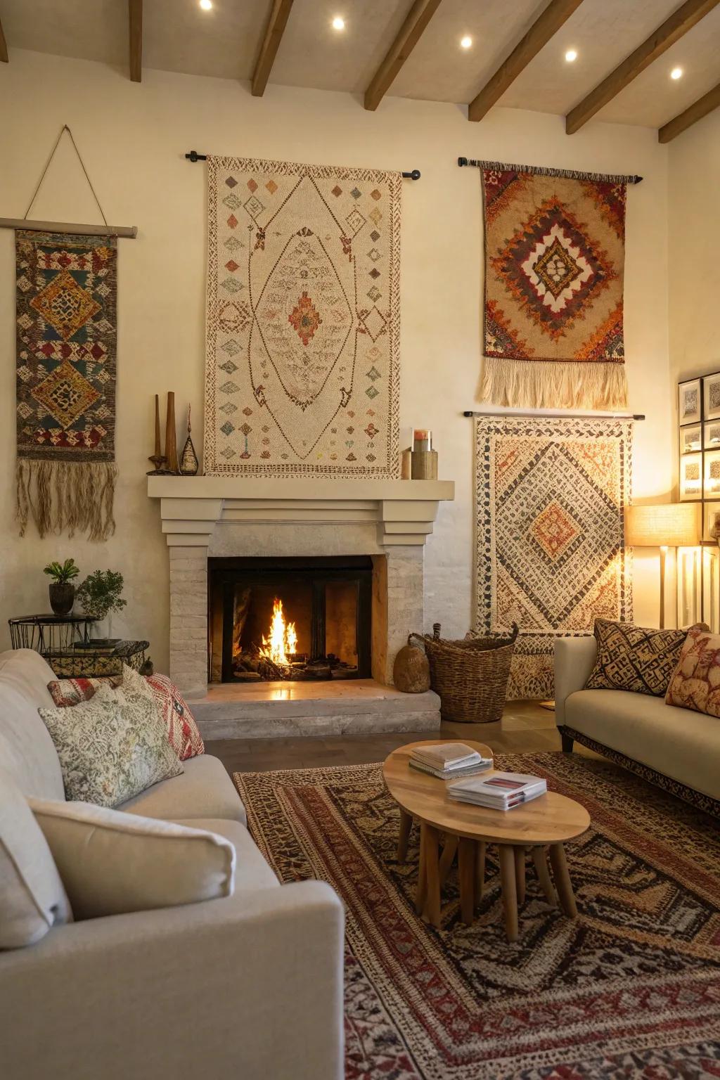 Textile art introduces softness and bohemian charm above the fireplace.