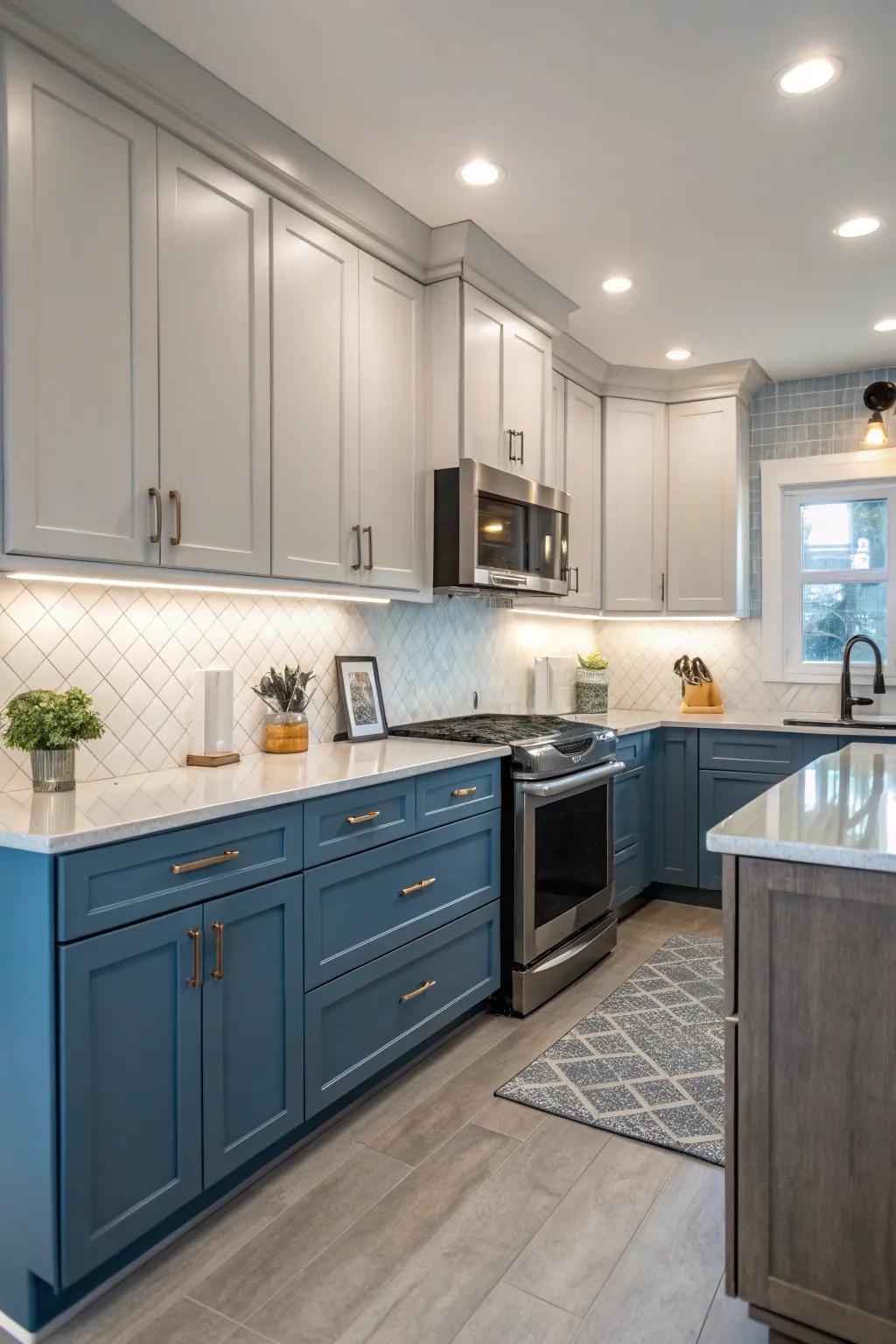 Calming blue and gray kitchen