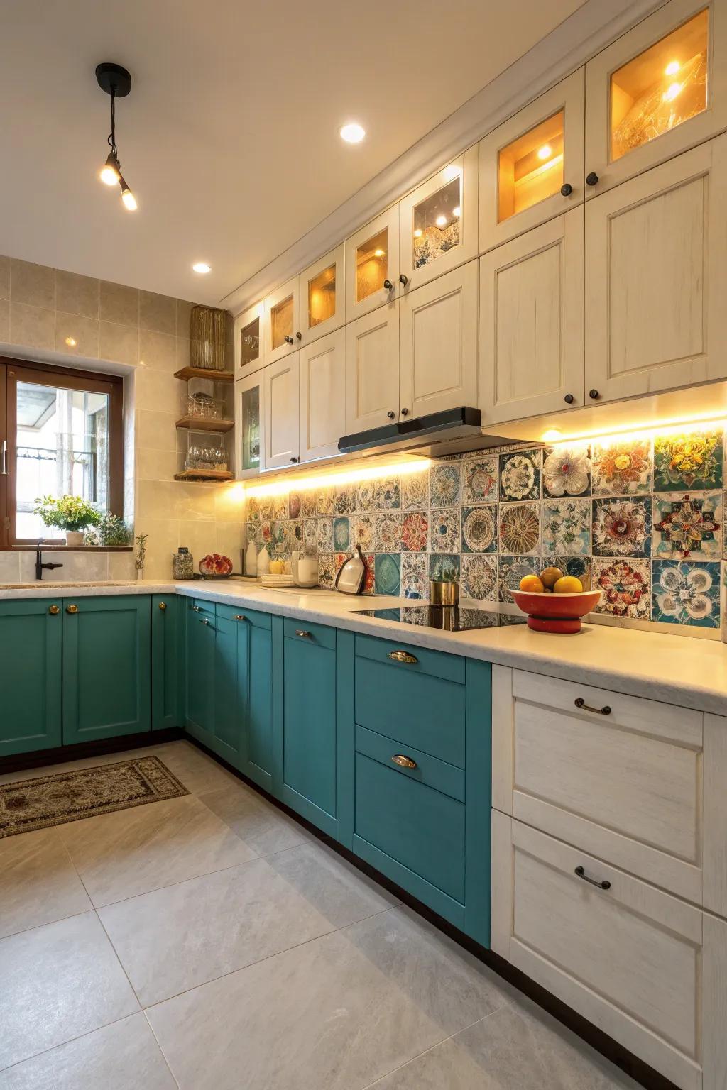 Vibrant teal and cream kitchen cabinets