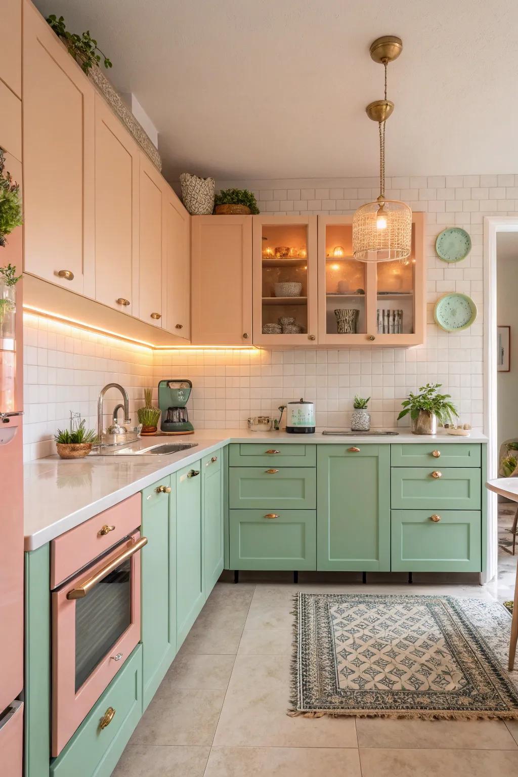 Whimsical peach and mint green kitchen