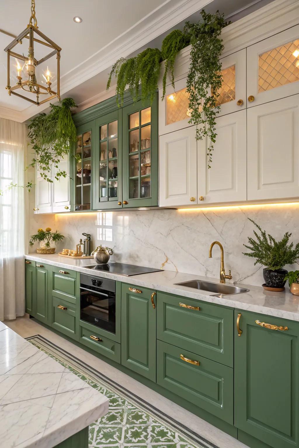 Luxurious earthy green and gold kitchen