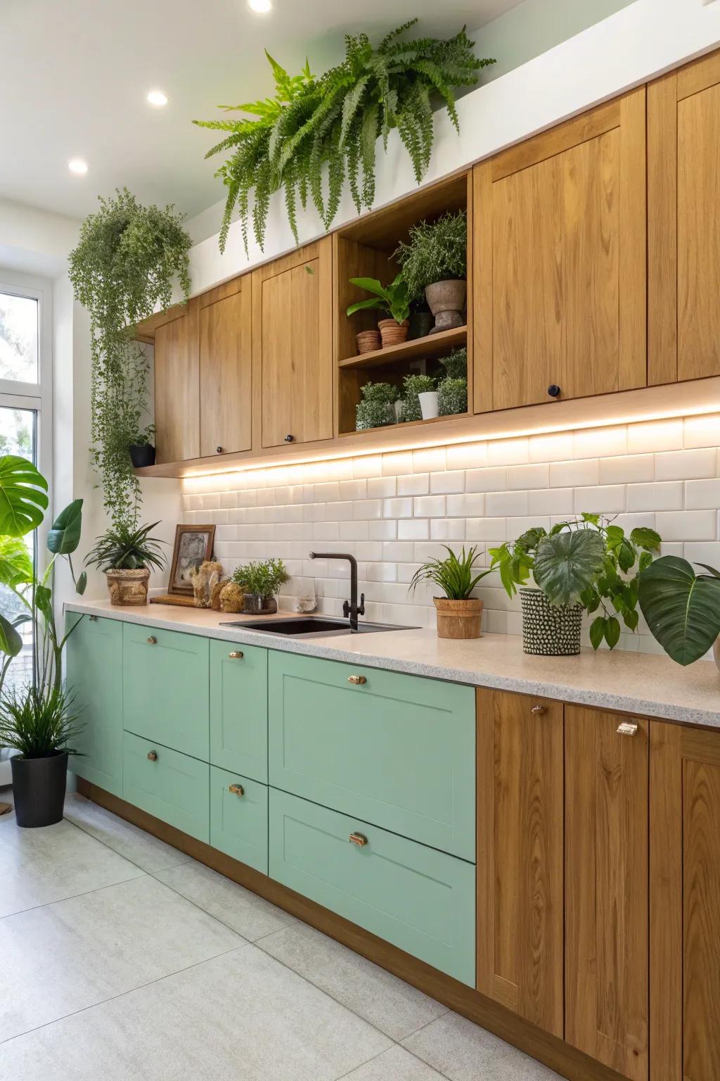 Fresh mint and wood kitchen design