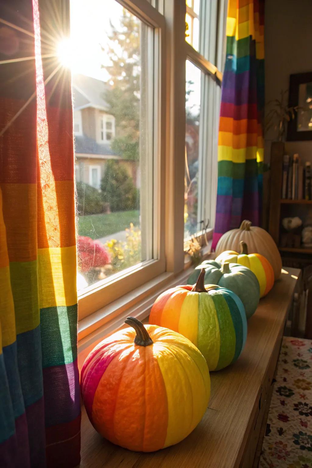 Brighten your fall with rainbow-painted pumpkins.