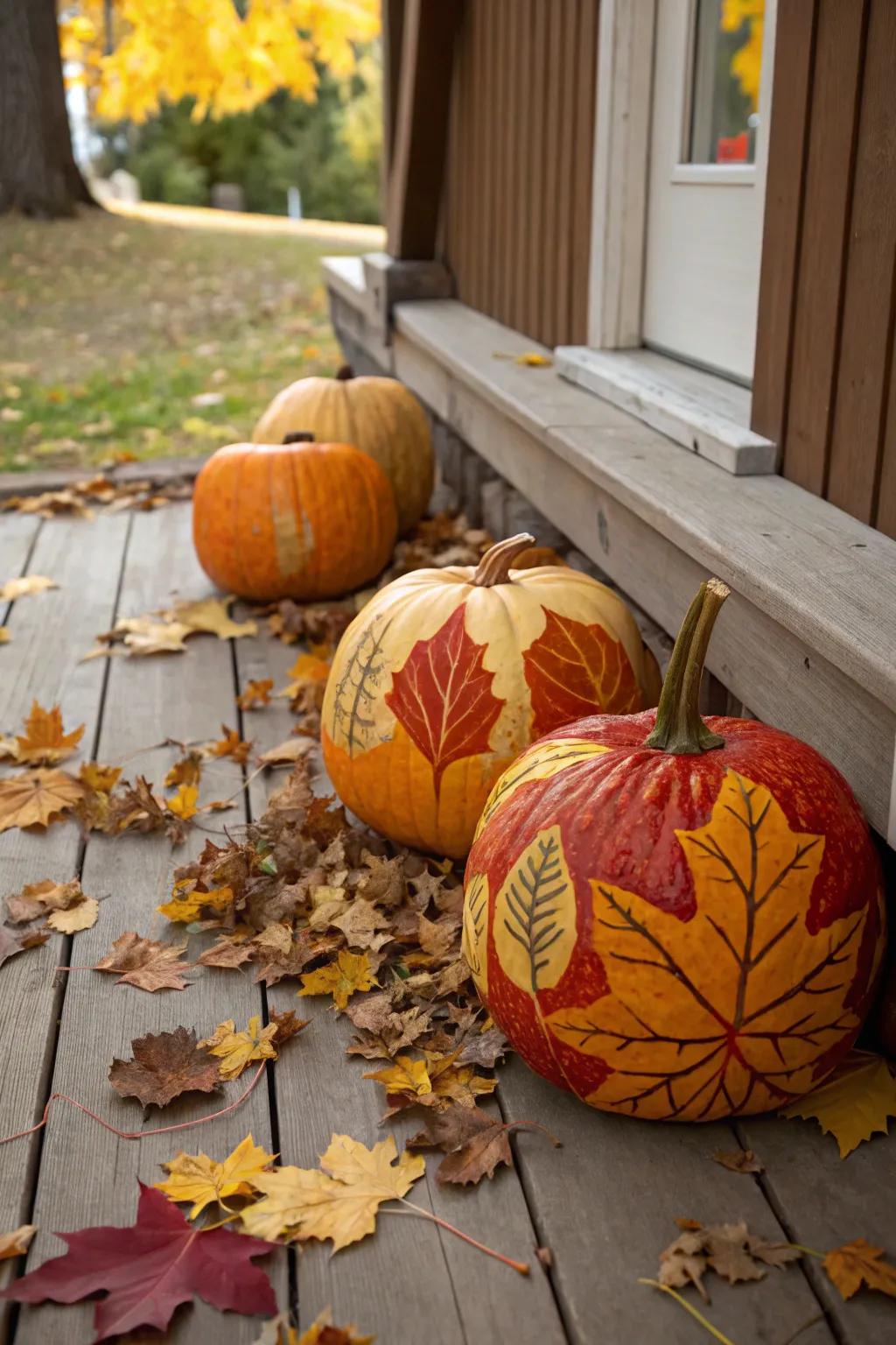 Celebrate fall with leaf-patterned pumpkins.
