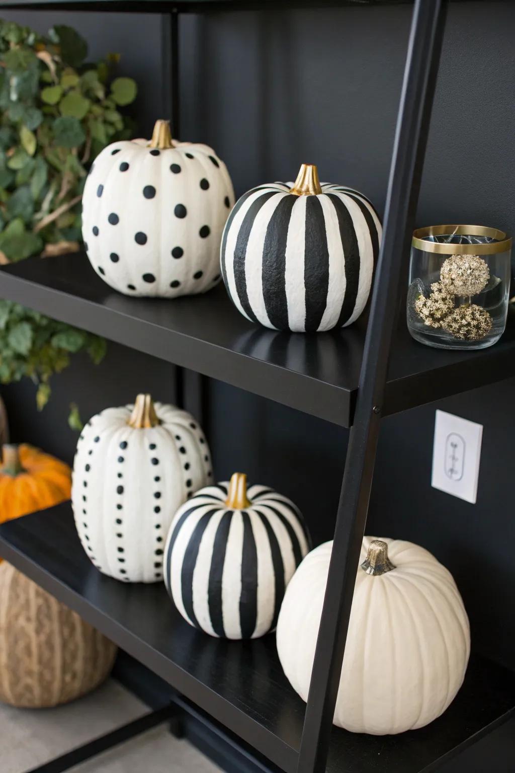 Sophisticated black and white pumpkin designs for classic decor.