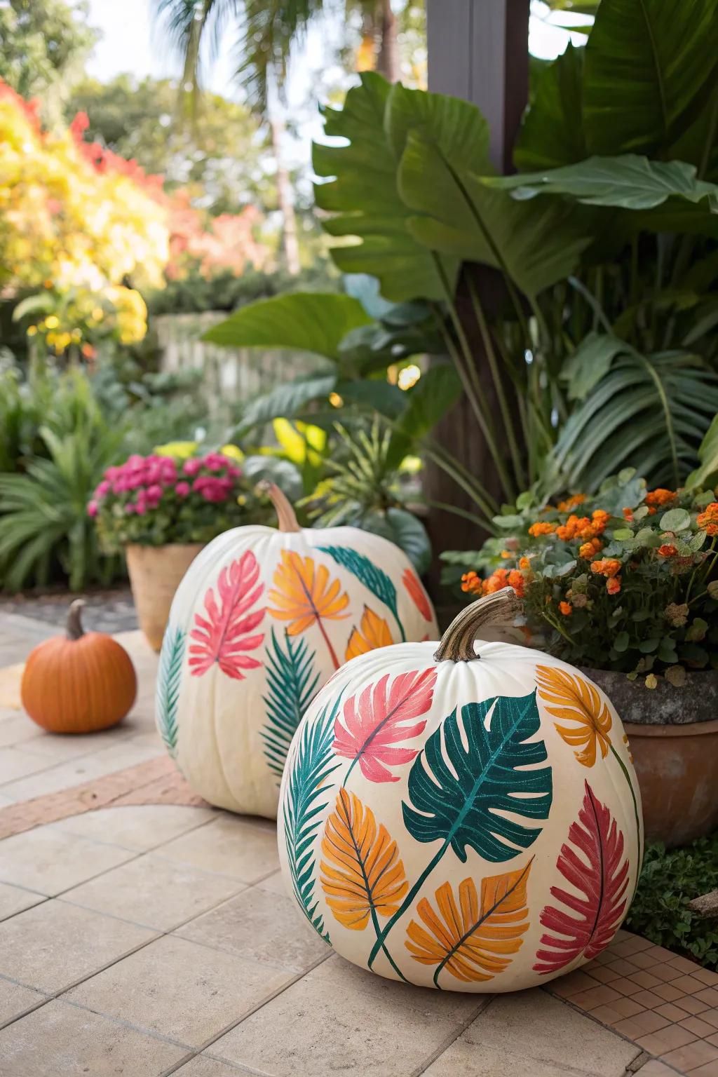 Add tropical flair to your fall decor with vibrant pumpkin designs.