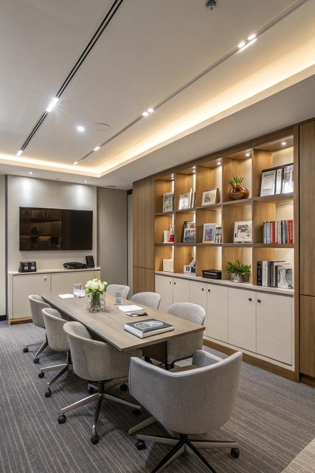 Smart storage solutions keep the conference room clutter-free.