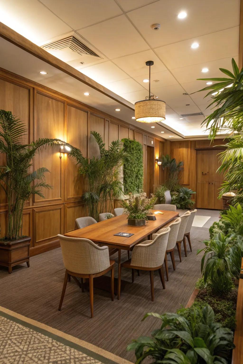 Natural elements create a calming atmosphere in a conference room.