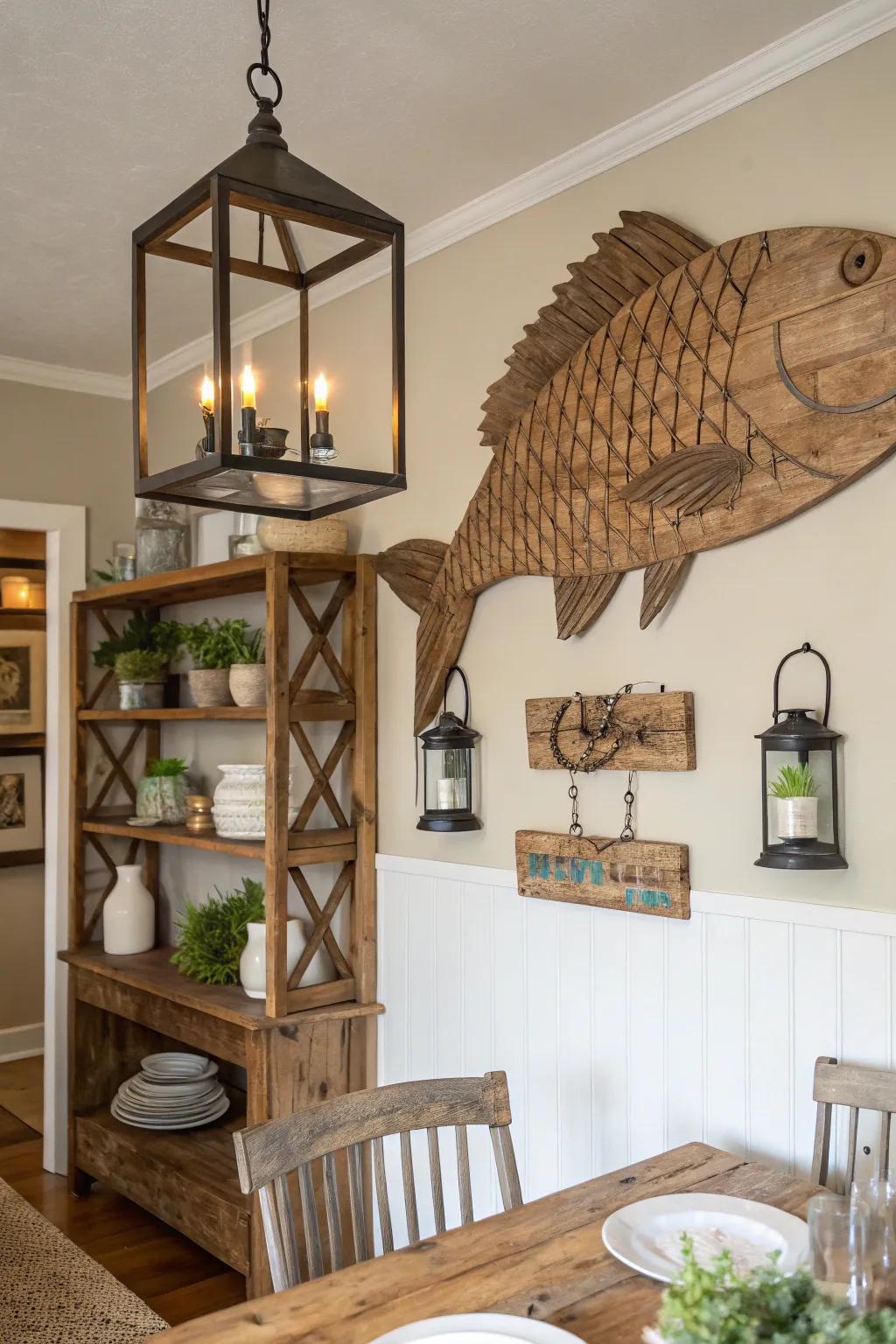 Wooden fish sculptures add rustic warmth.