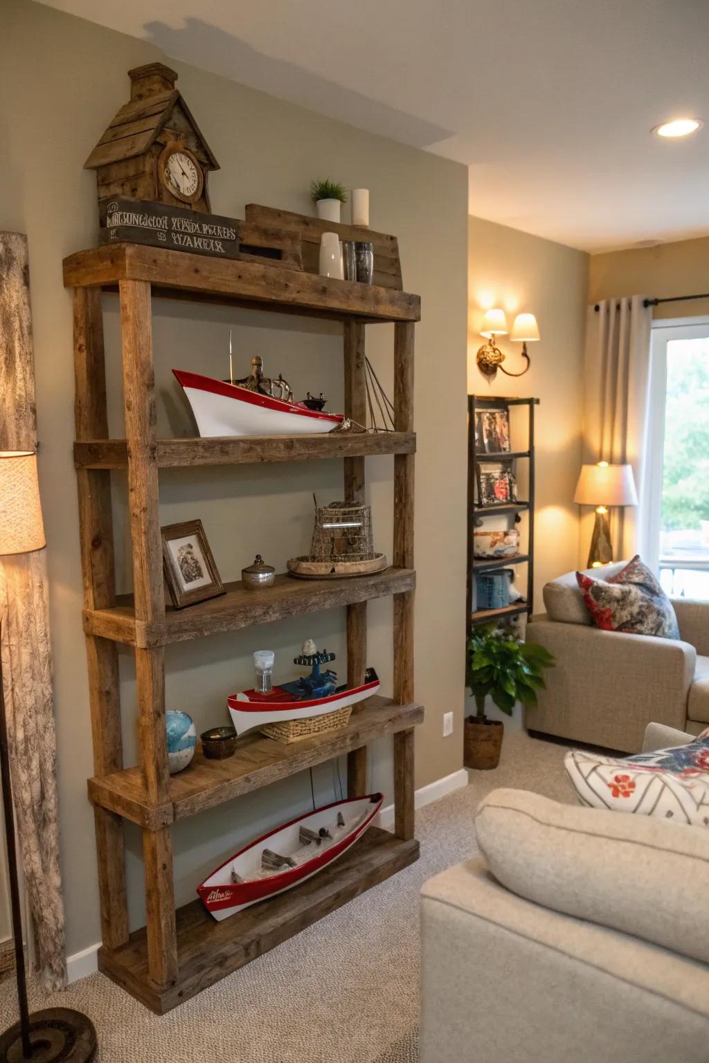Reclaimed wood shelves highlight fishing decor.