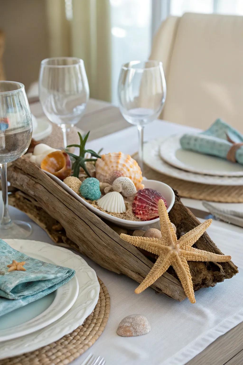 Marine-inspired centerpieces with shells and driftwood.
