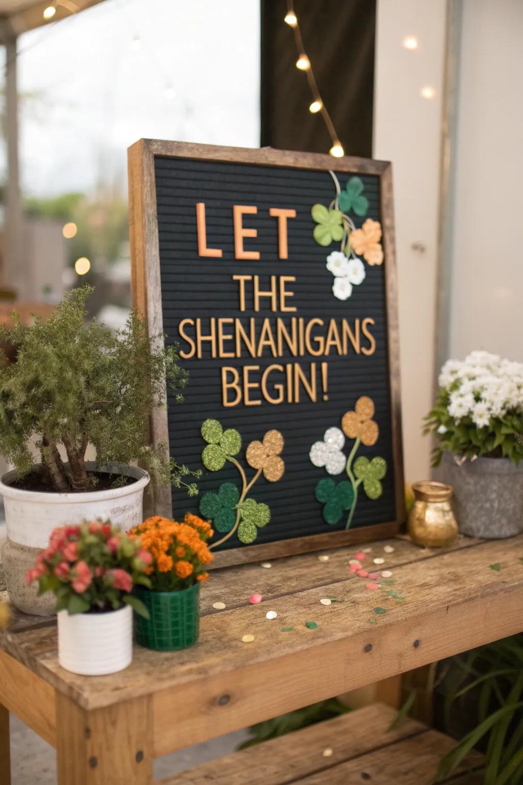 An energetic letter board inviting St. Patrick's Day festivities.