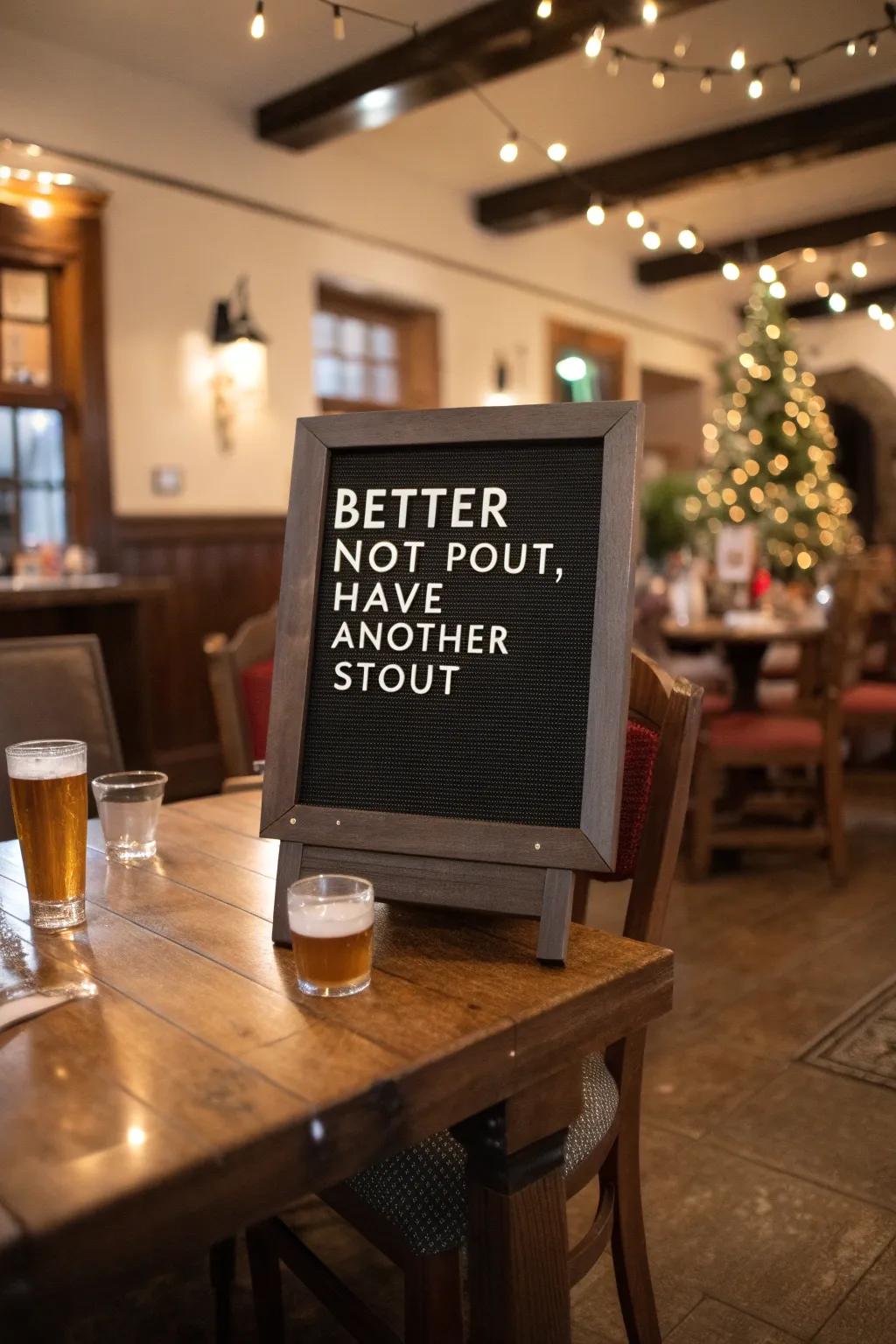 A playful letter board encouraging another round of drinks.