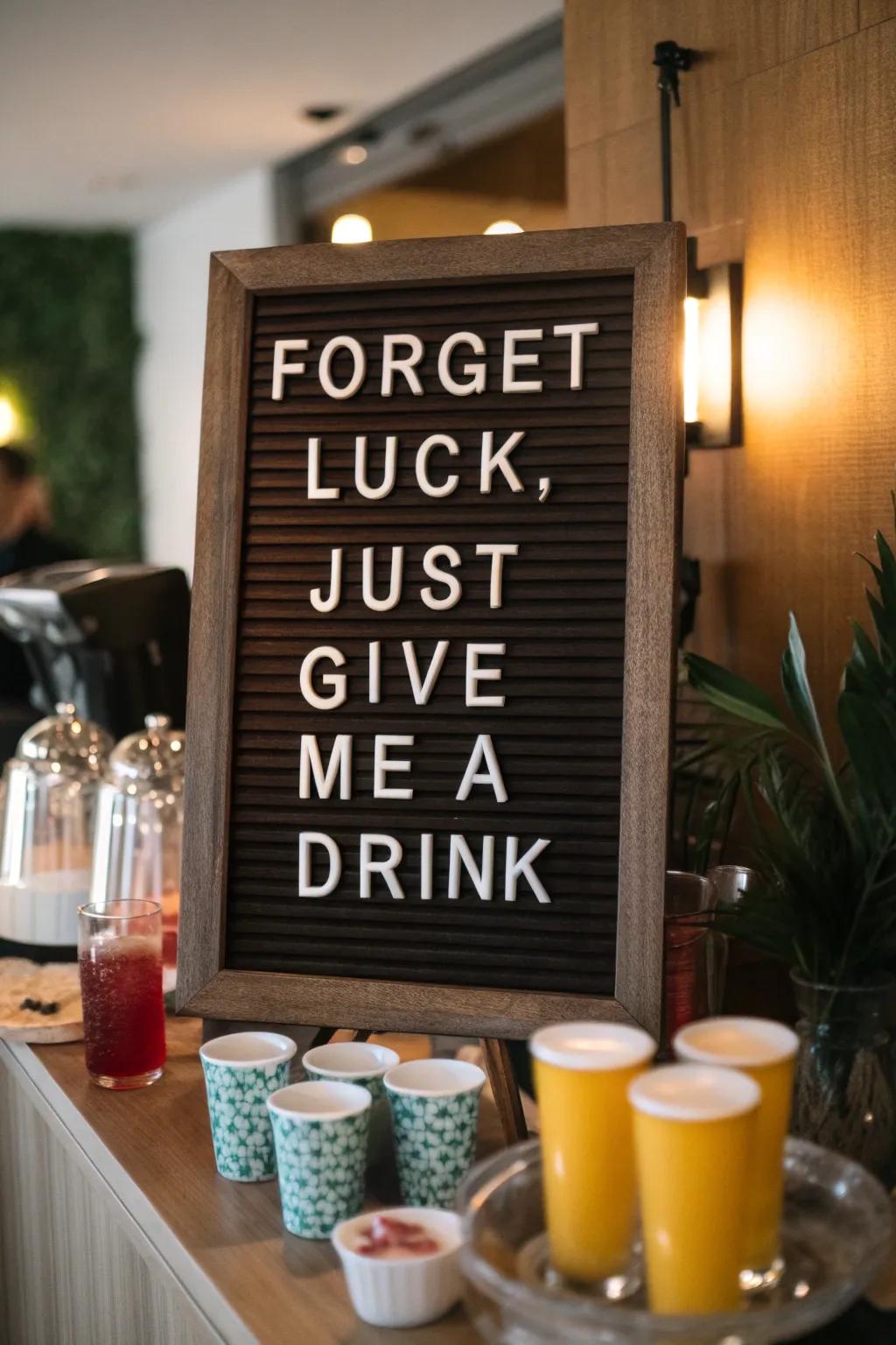 A humorous letter board for those who prefer drinks over luck.