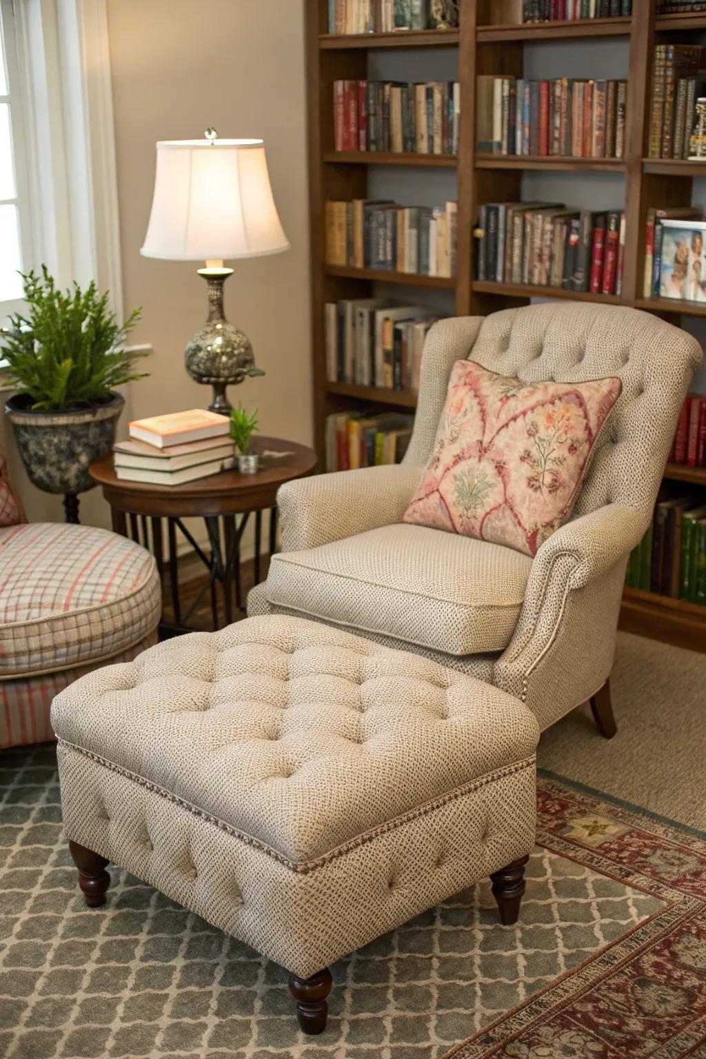 A tufted ottoman enhancing the coziness of a reading nook.