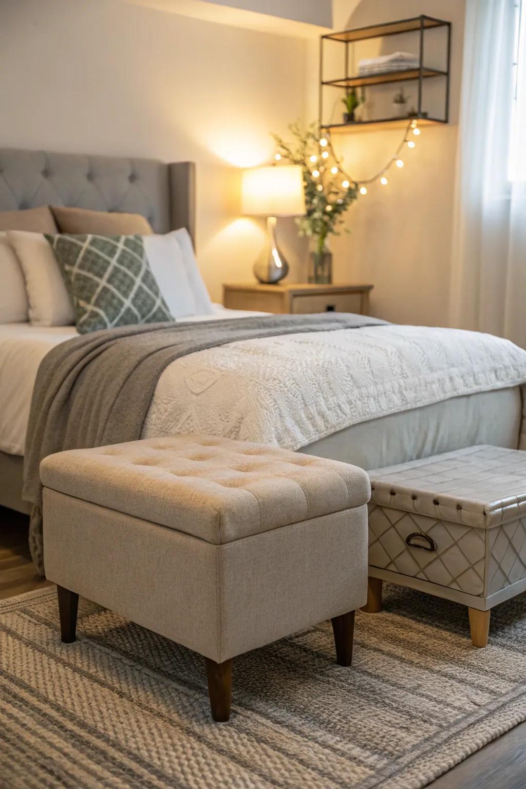 A compact ottoman serving as a stylish and practical bedside piece.
