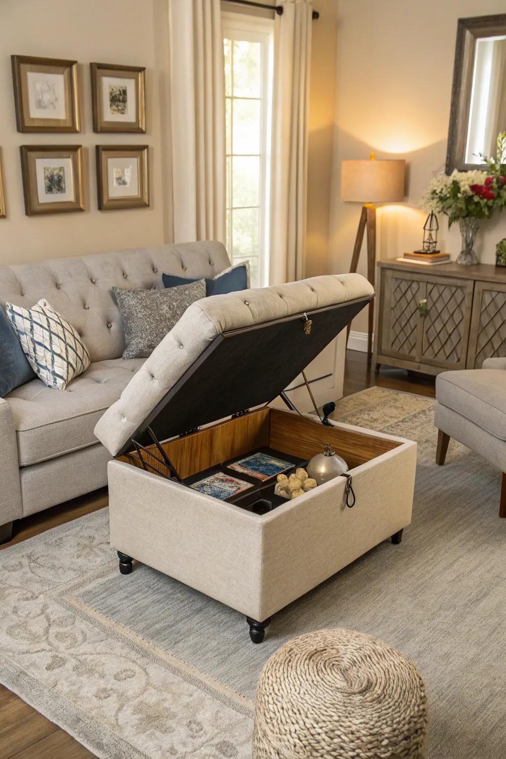 A versatile ottoman offering storage and seating in a compact living area.