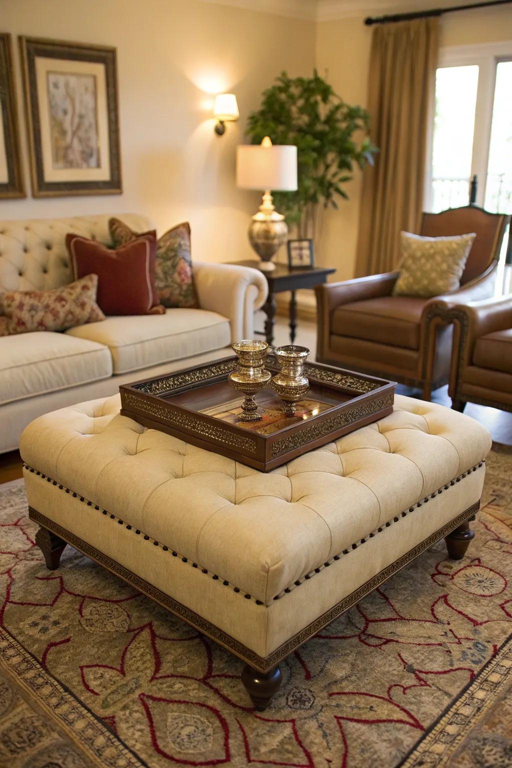 A versatile ottoman serving as a coffee table with a decorative tray.