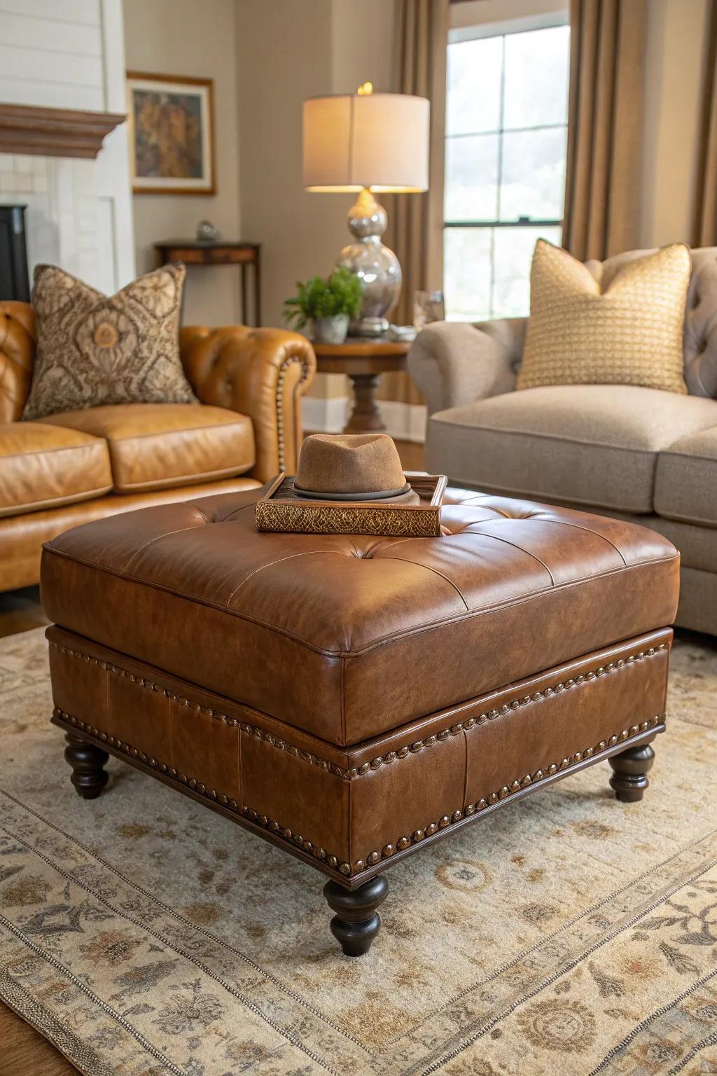 A leather ottoman adding warmth and classic charm to a living room.