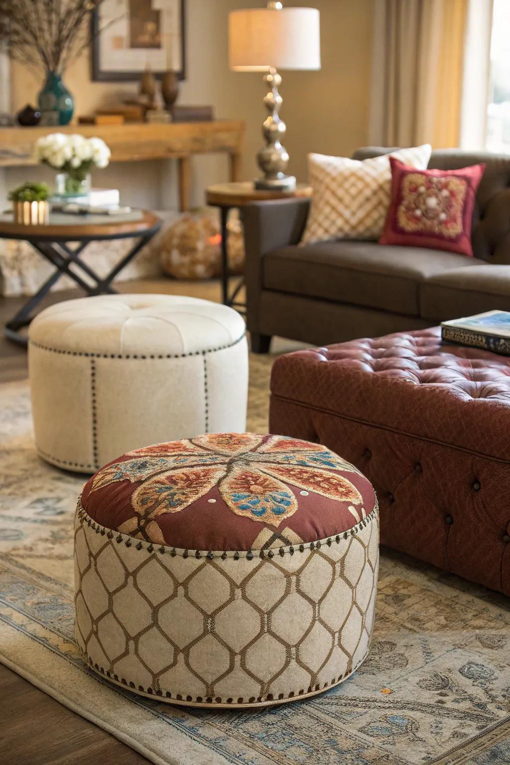 A lively living room featuring a mix of diverse ottoman styles.