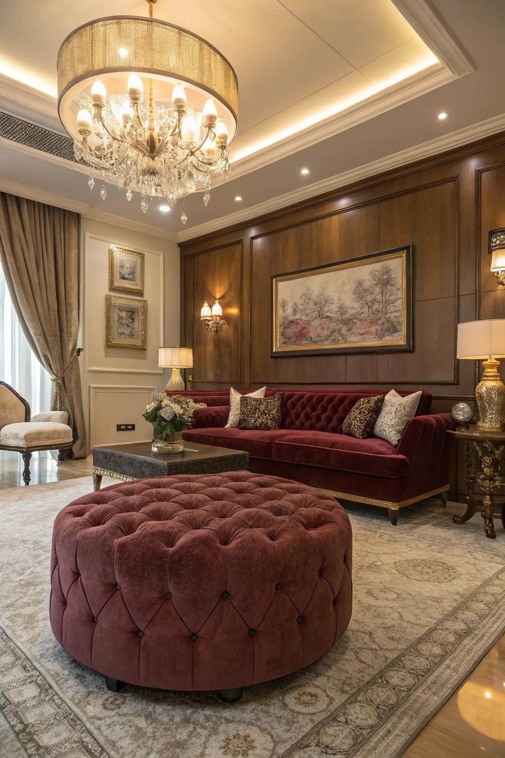 A velvet ottoman adding luxurious charm to a glamorous room.