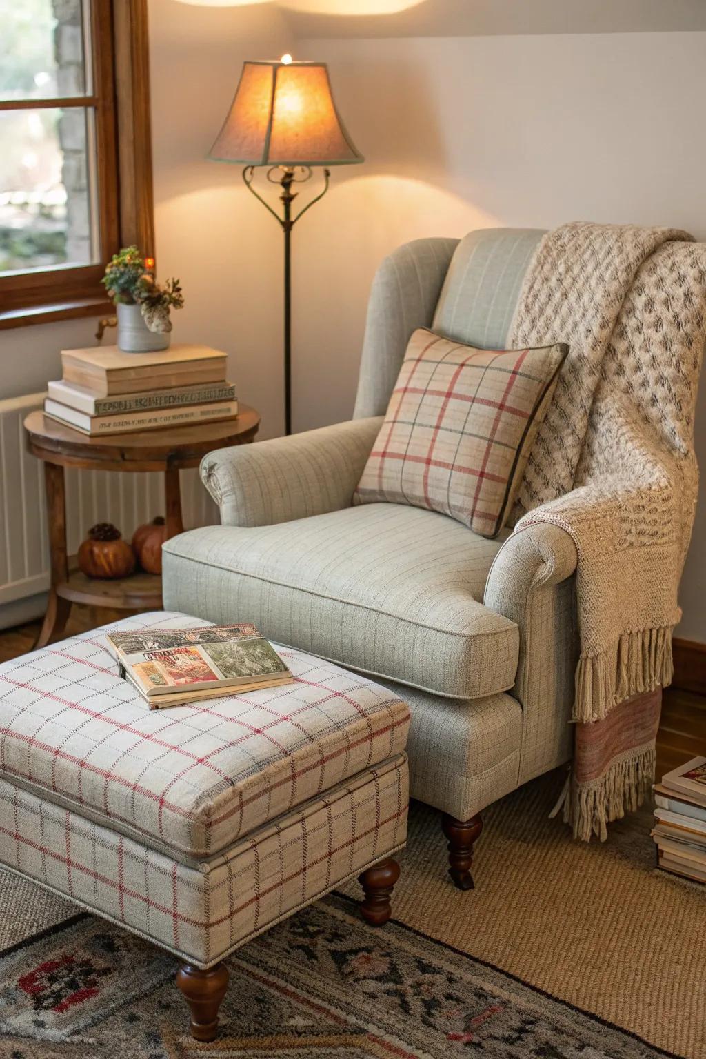A comfortable reading nook featuring a matching ottoman and armchair.