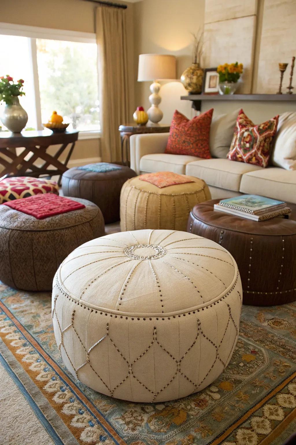 A creative cluster of ottomans adding dimension to a room.