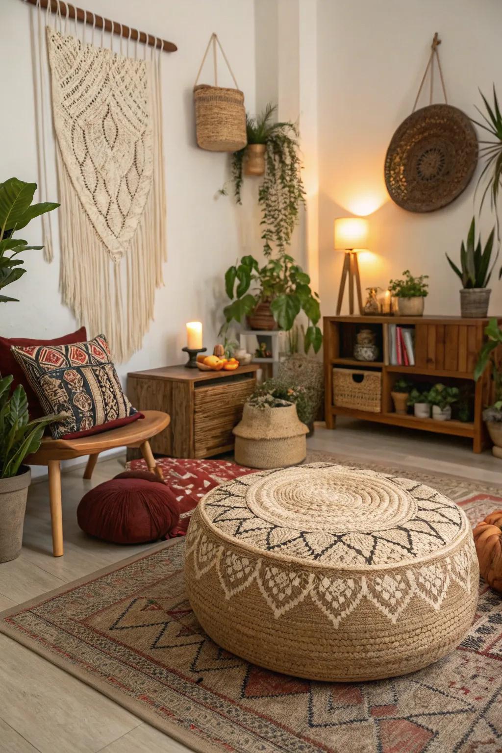 A woven ottoman adding organic texture to a boho-inspired room.