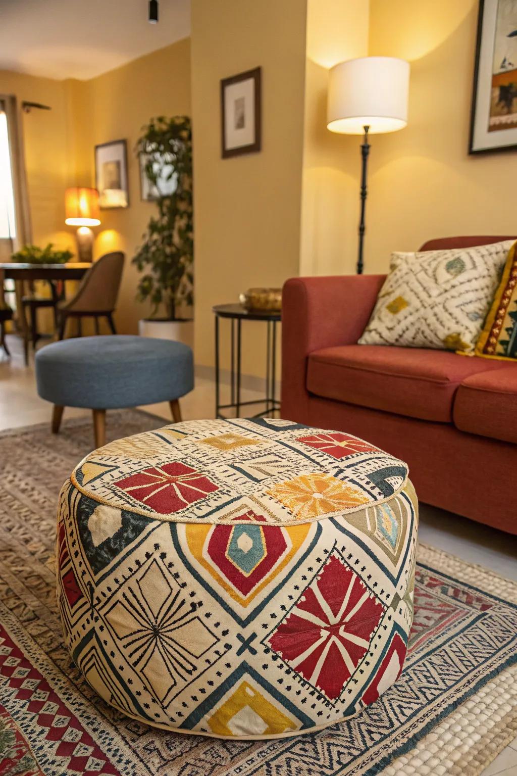 A patterned ottoman adding a lively and fun element to a room.