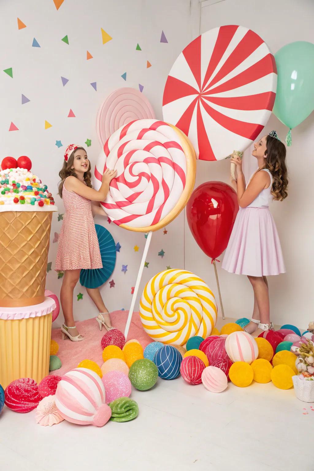 A vibrant candy-themed photo backdrop filled with playful props.