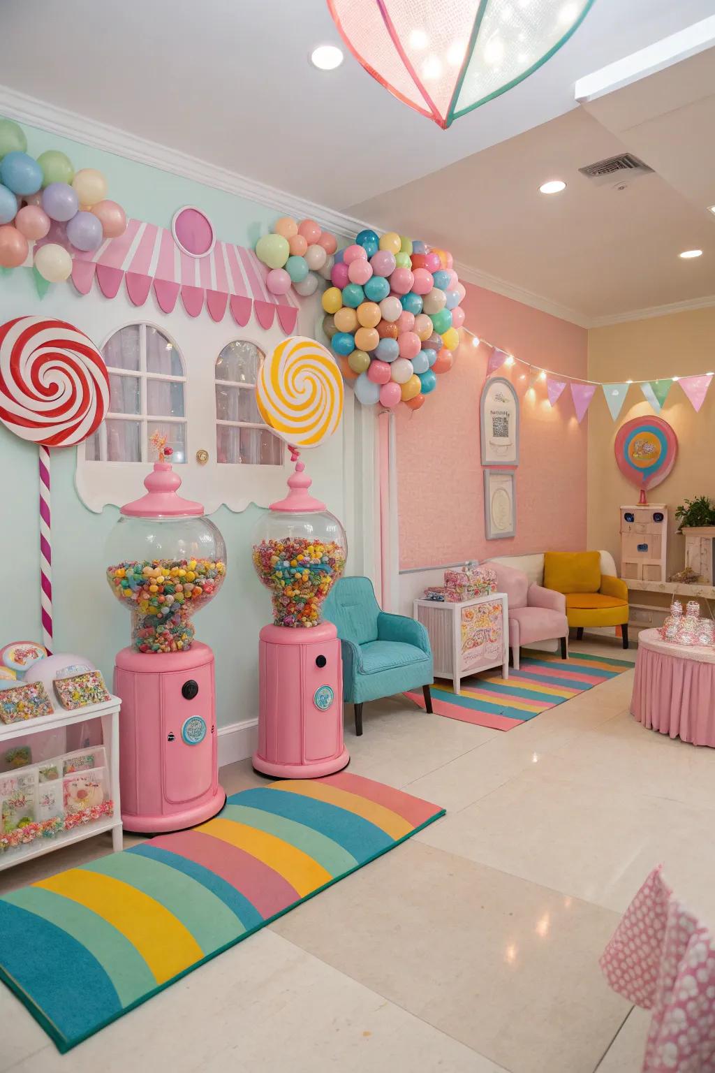 A cheerful blend of pastel and bright colors creates a lively candyland vibe.